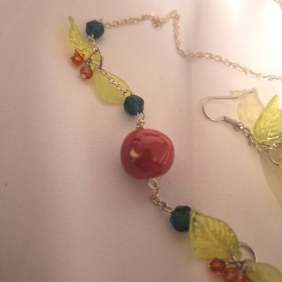 Artisan Kazuri Ceramic Bead Glass Crystal Acrylic Leaves Cherry Jewelry Set - Picture 3 of 6